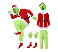 BuzzoXerex Natale Verde Grande Mostro Costume Adulto, 7 Pezzi Costume Babbo Natale, Green Furry Monster Outfit con Berretto e Maschera, Guanti, Gambali per Natalizio Carnevale Cosplay Party (L)