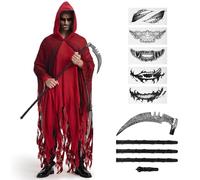 BuzzoXerex Travestimento Mietitore Uomo, Costume Fantasma Adulto, Mantello Halloween con Cappuccio Abito con cappuccio con Falce e Adesivi Horror per Halloween, Carnevale (Rosso)