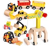 BuzzoXerex Veicolo da Cantiere in Legno, 19 Pezzi Engins de Chantier Jouet Cantiere Giocattolo per Bambini con Escavatori, Gru, Rulliere, Carrelli Elevatori pour 3 4 5 6 Ans Garçon