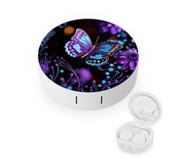 BVKWNTSA La custodia per lenti a contatto rotonda portatile con stampa di farfalle e fiori viola è elegante e compatta, facile da trasportare e protegge le lenti.