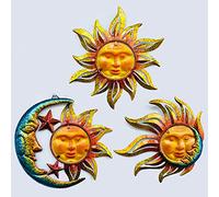 BVLFOOK Decorazione artistica da parete in metallo con volto di sole, per interni ed esterni, con sole, luna e stella, in metallo e vetro, da appendere, per esterni, soggiorno, camera da letto,