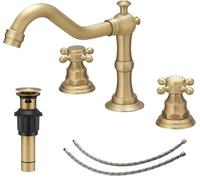 BWE 3 Hole Bathroom Faucet BWE Widespread 2 Handles Cross Knobs Antique Brass Sink Faucet Basin Mixer Tap Matching Metal Pop Up Drain with Overflow and Supply Lines