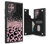 BWEGRHE Custodia a portafoglio in pelle per Samsung Galaxy S22 Ultra con cavalletto, porta carte, leopardo glitter rosa