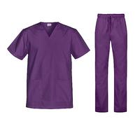 Bwell Cesare - Set unisex con casacca e pantaloni con cordoncino, per medici, con giacca e pantaloni, uniforme, divisa operatoria, abbigliamento medico, tessuto leggero, colore mirtillo, 4XL