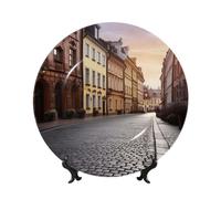 BWLHJKE Centro storico della Polonia Street Bone China Piatto decorativo con immagine Piatti piani in porcellana personalizzati con espositore, piatto decorativo in ceramica per ornamento da appendere