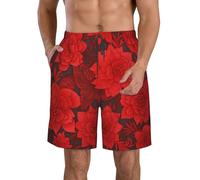 BWLHJKE Costume da bagno da uomo con fiori rossi, ad asciugatura rapida, con tasche e coulisse, pantaloncini da spiaggia, bianco, Medium