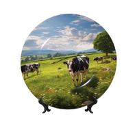 BWLHJKE mucche al pascolo Piatto decorativo in porcellana Bone China con immagine Piatti piani personalizzati in porcellana con espositore, piatto decorativo in ceramica per ornamento da appendere