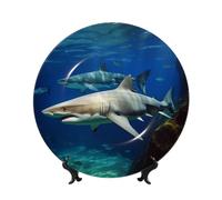 BWLHJKE Piatto decorativo in porcellana Bone China con due squali bianchi con immagine, piatti piani personalizzati in porcellana con espositore, piatto decorativo in ceramica per ornamento da