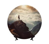 BWLHJKE Piatto decorativo in porcellana Bone China con immagine di donna su una cima di montagna piatti piani personalizzati in porcellana con espositore, piatto decorativo in ceramica per ornamento