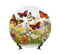 BWLHJKE Piatto decorativo in porcellana Bone China con immagine di un gruppo di farfalle, piatti piani personalizzati in porcellana con espositore, piatto decorativo in ceramica per ornamento da
