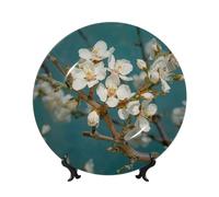 BWLHJKE Piatto decorativo in porcellana con fiori di mandorlo con immagine, piatti piani personalizzati in porcellana con espositore, piatto decorativo in ceramica per ornamento da appendere alla