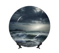 BWLHJKE Stormy Sea Bone China Piatto decorativo con immagine personalizzata piatti piani in porcellana con espositore, piatto decorativo in ceramica per ornamento da appendere alla parete 17,8 cm