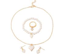 BWOOOWE Gioielli per Ragazze Cuore Collana Orecchini Anello Bracciale Collana di Perle con Ciondolo Braccialetto Perle con Orecchini a Ciondolo a Forma di Cuore