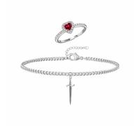 BWOOOWE Gioielli Set Donna 2 Pezzi Bracciale Anello Pendente Spada e Cuore Parure Gioielli Donna Cuore Zirconia Cubica Bracciale Anello Set Elegante da Indossare Ogni Giorno