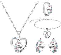 BWOOOWE Parure Gioielli Bambina Collana con Ciondolo a Cuore Cavallo Bracciale Orecchini Anello Forma di Ciondolo a da Donna Collana Cuore