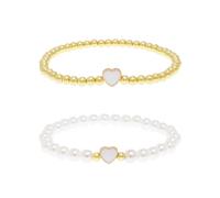 BXDA Set di braccialetti da donna con perline bianche a forma di cuore, 2 pezzi, perline dorate fatte a mano in stile bohémien, con perle, impilabili, elasticizzati, idea regalo., 6"-11", Ottone