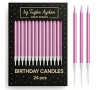 by Tugba Aydan - Candele di compleanno lunghe e sottili, 24 pezzi, colore rosa, candele metallizzate per torte di compleanno, candele per feste