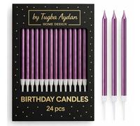 by Tugba Aydan - Confezione da 24 candele di compleanno lunghe e sottili metallizzate con supporto, eleganti candele viola per torte, cupcake e feste