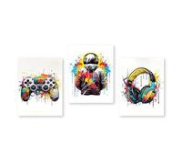 BYAMBD Stampe su Tela da Parete 3 Pezzi Astratti Graffiti Colorati Console di Gioco Cuffie Retro Moda Poster Senza Cornice Soggiorno Arte Parete Tela Pittura(50x70cm)