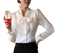 Byblos Camicia abbottonata a Maniche Lunghe con Scollo a V per Donna con Fiocco Camicette Casual Larghe in Seta con Volant Camicie da Ufficio White XS