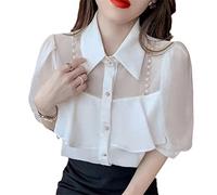Byblos Camicia da Donna in Chiffon di Perle estive da Ufficio Camicetta Bianca con Volant con Maniche a Sbuffo da Donna per Ufficio da Lavoro White S