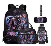 BYCHECAR Grazioso zaino e portapranzo per bambini delle elementari e dell'asilo con astuccio, bottiglia d'acqua e portachiavi, Cavallo alla moda viola, One Size, Zaino daypack