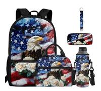 BYCHECAR Grazioso zaino e portapranzo per bambini delle elementari e dell'asilo con astuccio, bottiglia d'acqua e portachiavi, Aquila americana., One Size, Zaino daypack