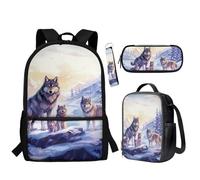BYCHECAR Set 4 in 1 borsa per la scuola, per bambini, porta pranzo, astuccio portapenne, portachiavi, wolf, taglia unica, Zaino per bambini
