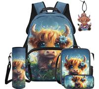 BYCHECAR Set zaino e portapranzo 5 in 1 per bambini per scuola elementare e asilo, ragazzi e ragazze per la scuola, Cool Highland Cow, L, Casual
