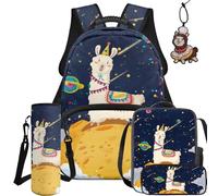 BYCHECAR Set zaino e portapranzo 5 in 1 per bambini per scuola elementare e asilo, ragazzi e ragazze per la scuola, Grazioso alpaca., L, Casual