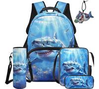 BYCHECAR Set zaino e portapranzo 5 in 1 per bambini per scuola elementare e asilo, ragazzi e ragazze per la scuola, Blue Cool Shark, L, Casual
