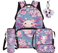BYCHECAR Set zaino e portapranzo 5 in 1 per bambini per scuola elementare e asilo, ragazzi e ragazze per la scuola, Carino Axolotl, L, Casual