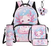 BYCHECAR Set zaino e portapranzo 5 in 1 per bambini per scuola elementare e asilo, ragazzi e ragazze per la scuola, Axolotl estetico, L, Casual