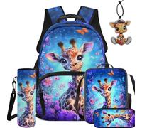 BYCHECAR Set zaino e portapranzo 5 in 1 per bambini per scuola elementare e asilo, ragazzi e ragazze per la scuola, Graziosa giraffa., L, Casual