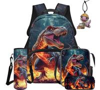 BYCHECAR Set zaino e portapranzo 5 in 1 per bambini per scuola elementare e asilo, ragazzi e ragazze per la scuola, Dinosauro Fuoco, L, Casual