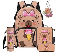 BYCHECAR Set zaino e portapranzo 5 in 1 per bambini per scuola elementare e asilo, ragazzi e ragazze per la scuola, Capibara pigro, L, Casual