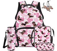 BYCHECAR Set zaino e portapranzo 5 in 1 per bambini per scuola elementare e asilo, ragazzi e ragazze per la scuola, Bassotto Rosa, L, Casual