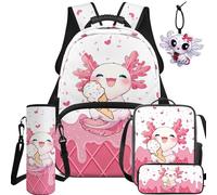 BYCHECAR Set zaino e portapranzo 5 in 1 per bambini per scuola elementare e asilo, ragazzi e ragazze per la scuola, Axolotl Gelato, L, Casual