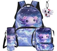 BYCHECAR Set zaino e portapranzo 5 in 1 per bambini per scuola elementare e asilo, ragazzi e ragazze per la scuola, Axolotl stellato viola, L, Casual