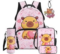 BYCHECAR Set zaino e portapranzo 5 in 1 per bambini per scuola elementare e asilo, ragazzi e ragazze per la scuola, Capibara modello amore, L, Casual