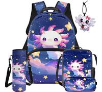 BYCHECAR Set zaino e portapranzo 5 in 1 per bambini per scuola elementare e asilo, ragazzi e ragazze per la scuola, Galaxy Axolotl, L, Casual