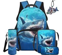 BYCHECAR Set zaino e portapranzo 5 in 1 per bambini per scuola elementare e asilo, ragazzi e ragazze per la scuola, Squalo fresco., L, Casual