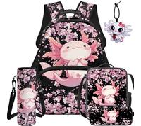 BYCHECAR Set zaino e portapranzo 5 in 1 per bambini per scuola elementare e asilo, ragazzi e ragazze per la scuola, Axolootl ai fiori di ciliegio, L, Casual