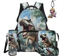 BYCHECAR Set zaino e portapranzo 5 in 1 per bambini per scuola elementare e asilo, ragazzi e ragazze per la scuola, Dinosauro fresco, L, Casual
