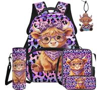 BYCHECAR Zaino per la scuola e il pranzo per bambini per scuola materna elementare ragazzi e ragazze studenti 5PCS, Mucca delle Highland Leopardo Viola, L, Casual