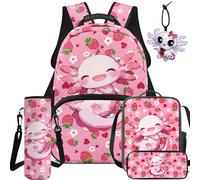 BYCHECAR Zaino per la scuola e il pranzo per bambini per scuola materna elementare ragazzi e ragazze studenti 5PCS, Rosa Fragola Kawaii Axolotl, L, Casual