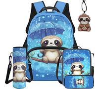 BYCHECAR Zaino per la scuola e il pranzo per bambini per scuola materna elementare ragazzi e ragazze studenti 5PCS, Carino bradipo blu, L, Casual