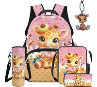 BYCHECAR Zaino per la scuola e il pranzo per bambini per scuola materna elementare ragazzi e ragazze studenti 5PCS, Giraffa Ciambella Rosa, L, Casual