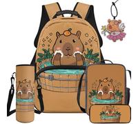 BYCHECAR Zaino per la scuola e il pranzo per bambini per scuola materna elementare ragazzi e ragazze studenti 5PCS, Capabara Carino Marrone, L, Casual