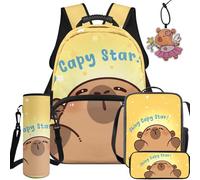 BYCHECAR Zaino per la scuola e il pranzo per bambini per scuola materna elementare ragazzi e ragazze studenti 5PCS, Giallo Kawaii Capybara, L, Casual